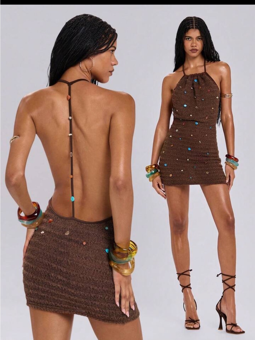 Romwe sheer Brown mini dress with beaded details